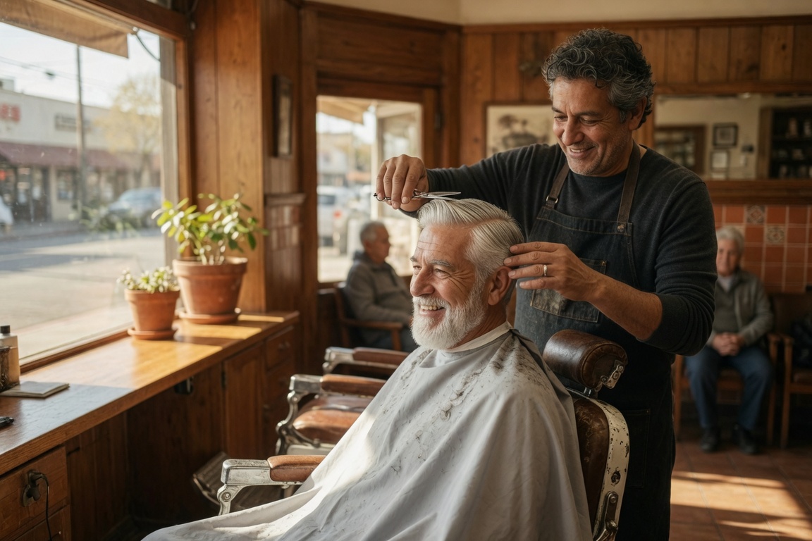 Barber giving a classic cut to a smiling regular in warm window light